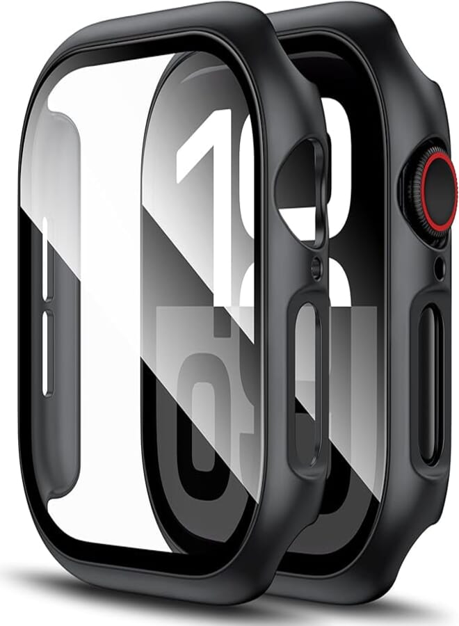 LK 2 Pack Hard PC Case for Apple Watch Series 10 46mm Built-in Tempered Glass Screen Protector, Ultra-Thin Anti-Scratch Overall Protective Cover for iWatch S10 46mm (Black)